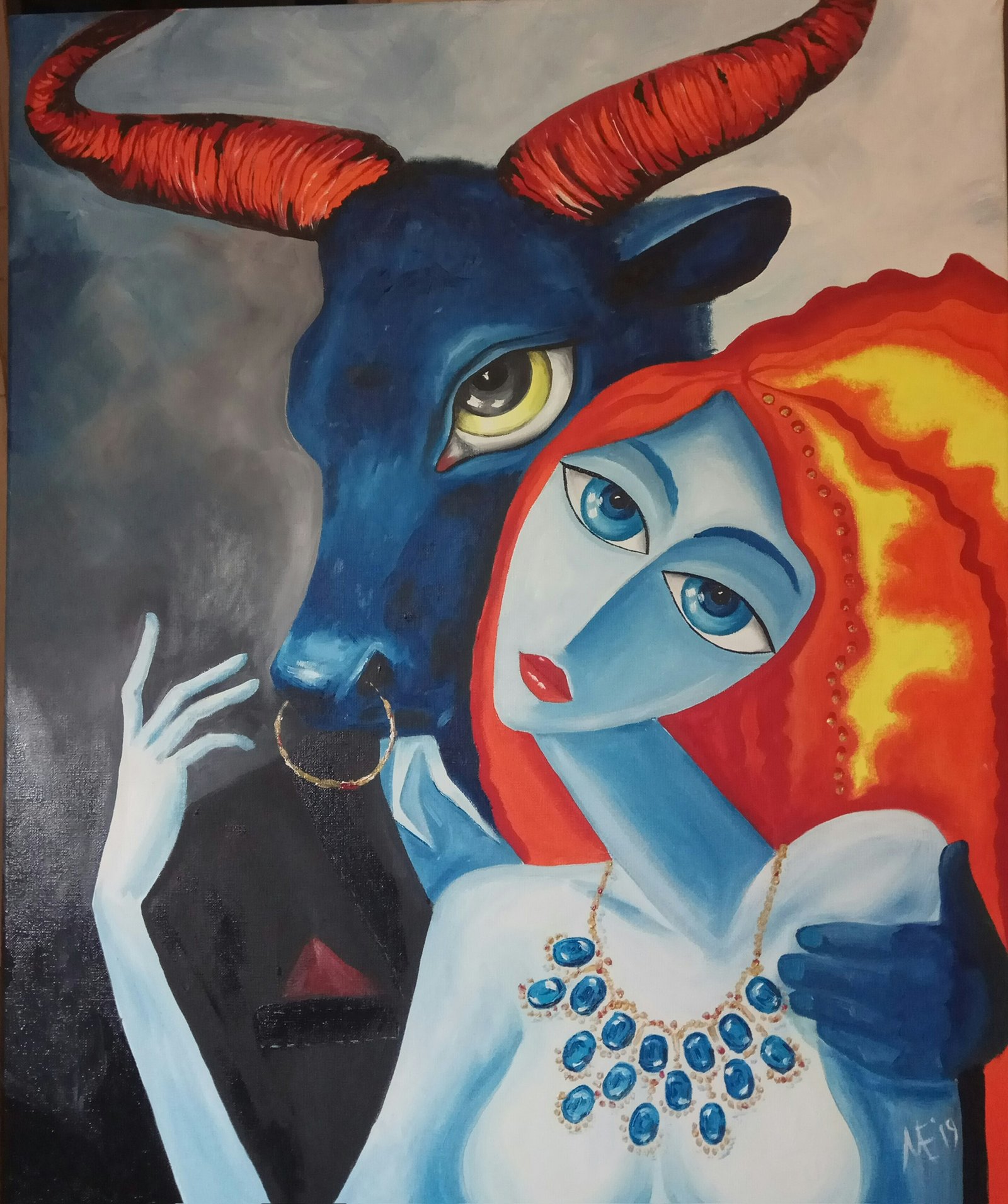 Peinture représentant une femme aux cheveux rouges et un taureau bleu